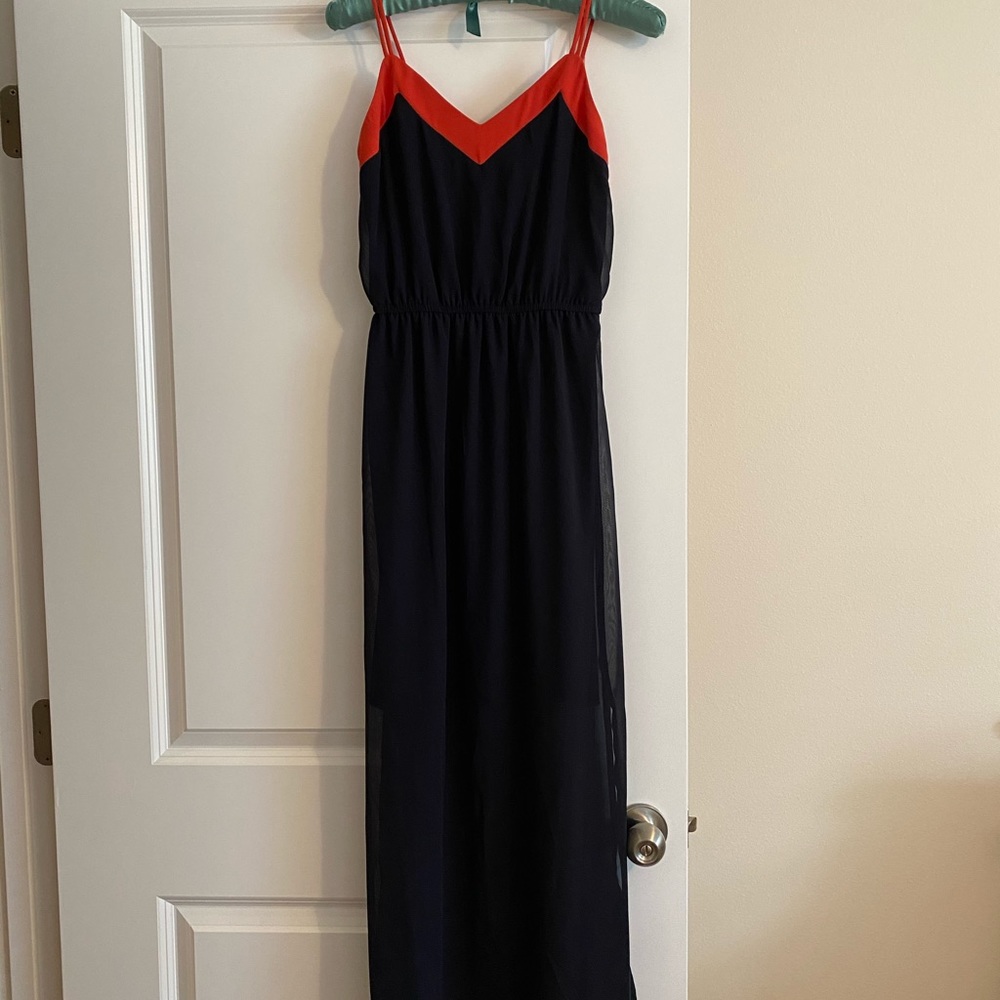 Navy maxi dress with orange trim
